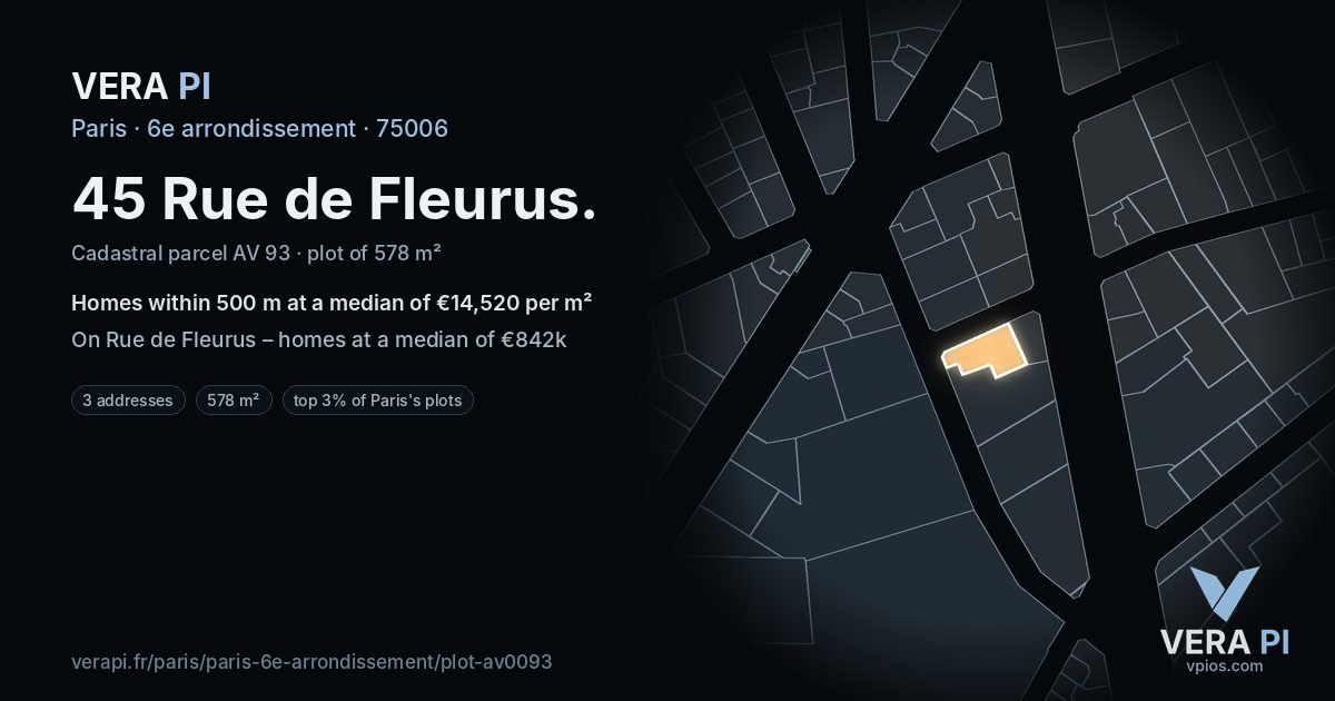 45 Rue de Fleurus, 6e arrondissement at night – the plot lit, the parcels around coloured by the prices near them