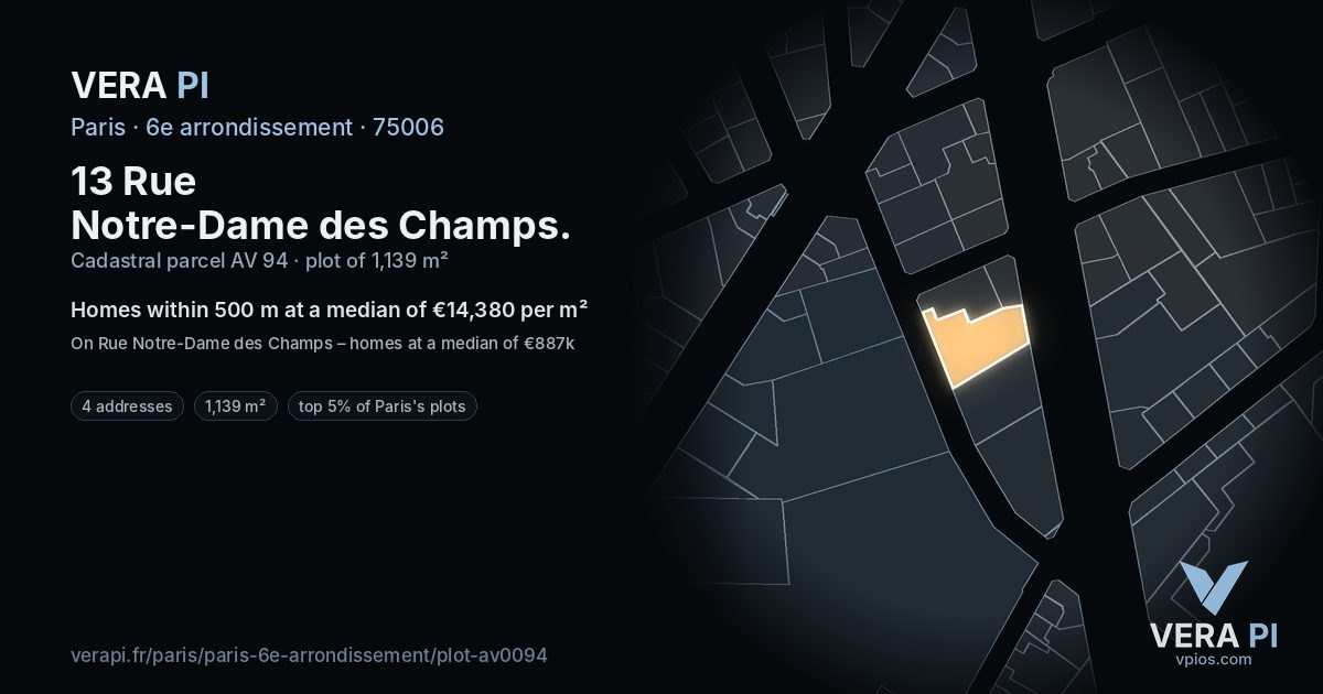 13 Rue Notre-Dame des Champs, 6e arrondissement at night – the plot lit, the parcels around coloured by the prices near them