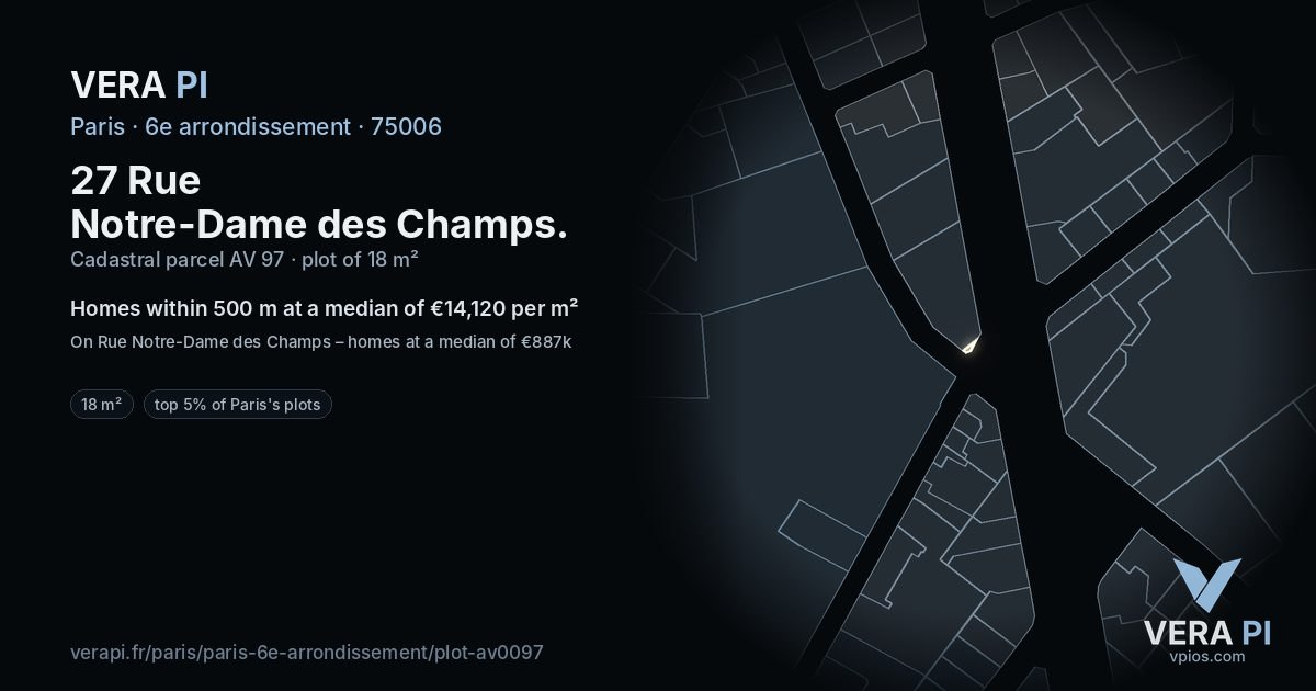 27 Rue Notre-Dame des Champs, 6e arrondissement at night – the plot lit, the parcels around coloured by the prices near them