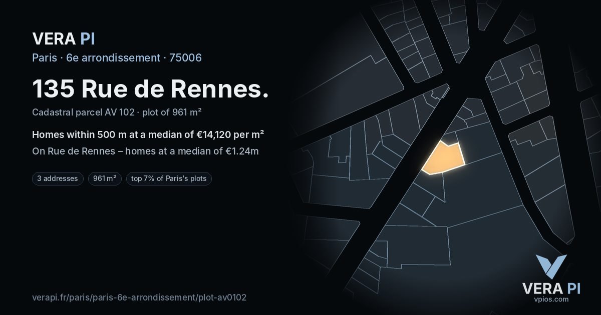 135 Rue de Rennes, 6e arrondissement at night – the plot lit, the parcels around coloured by the prices near them