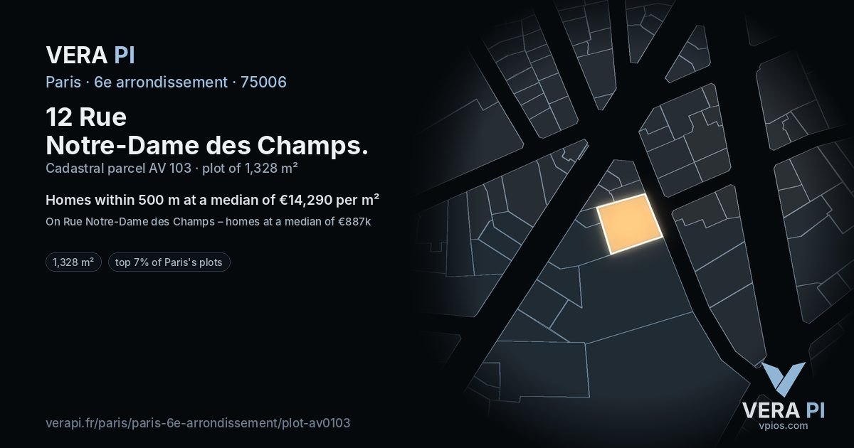 12 Rue Notre-Dame des Champs, 6e arrondissement at night – the plot lit, the parcels around coloured by the prices near them