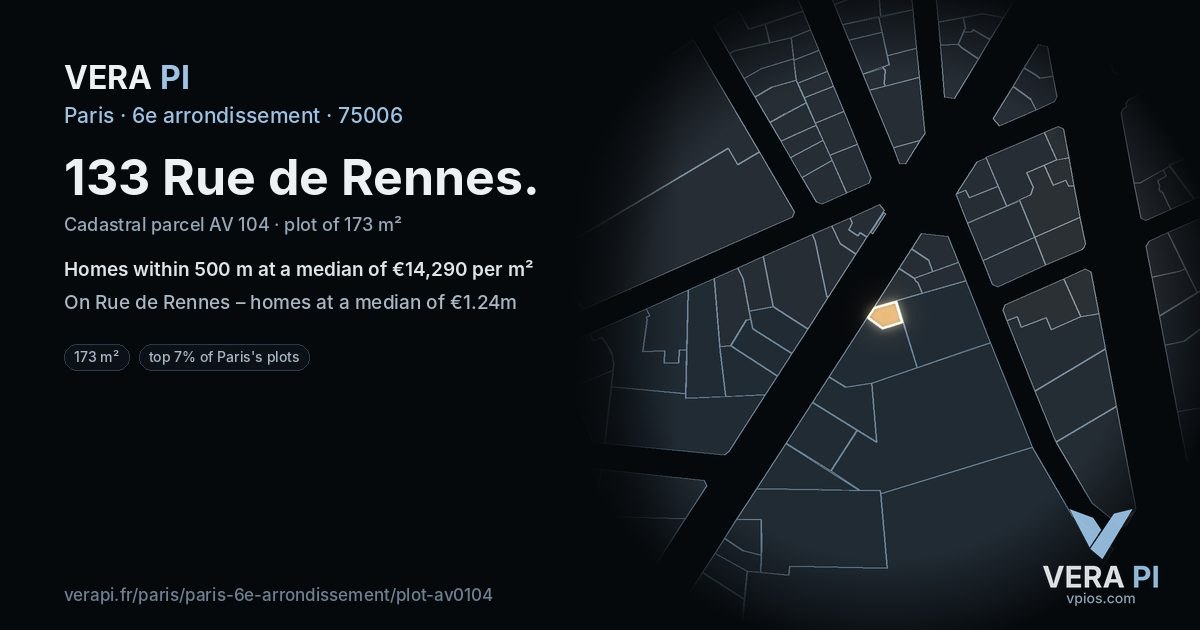 133 Rue de Rennes, 6e arrondissement at night – the plot lit, the parcels around coloured by the prices near them
