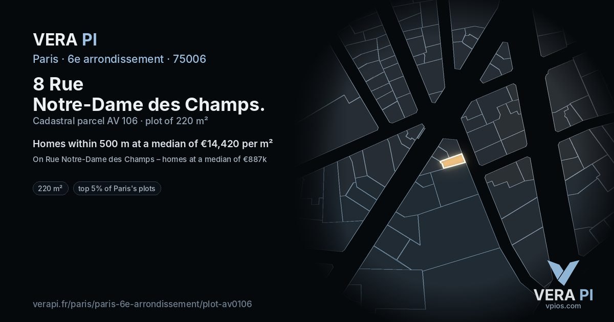 8 Rue Notre-Dame des Champs, 6e arrondissement at night – the plot lit, the parcels around coloured by the prices near them