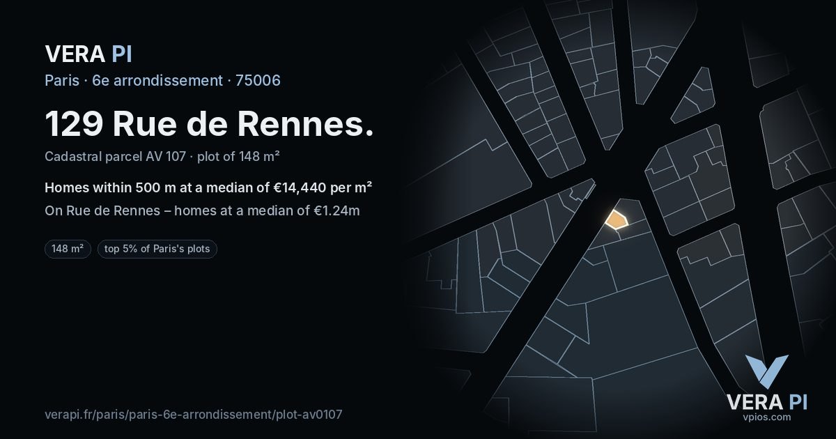 129 Rue de Rennes, 6e arrondissement at night – the plot lit, the parcels around coloured by the prices near them