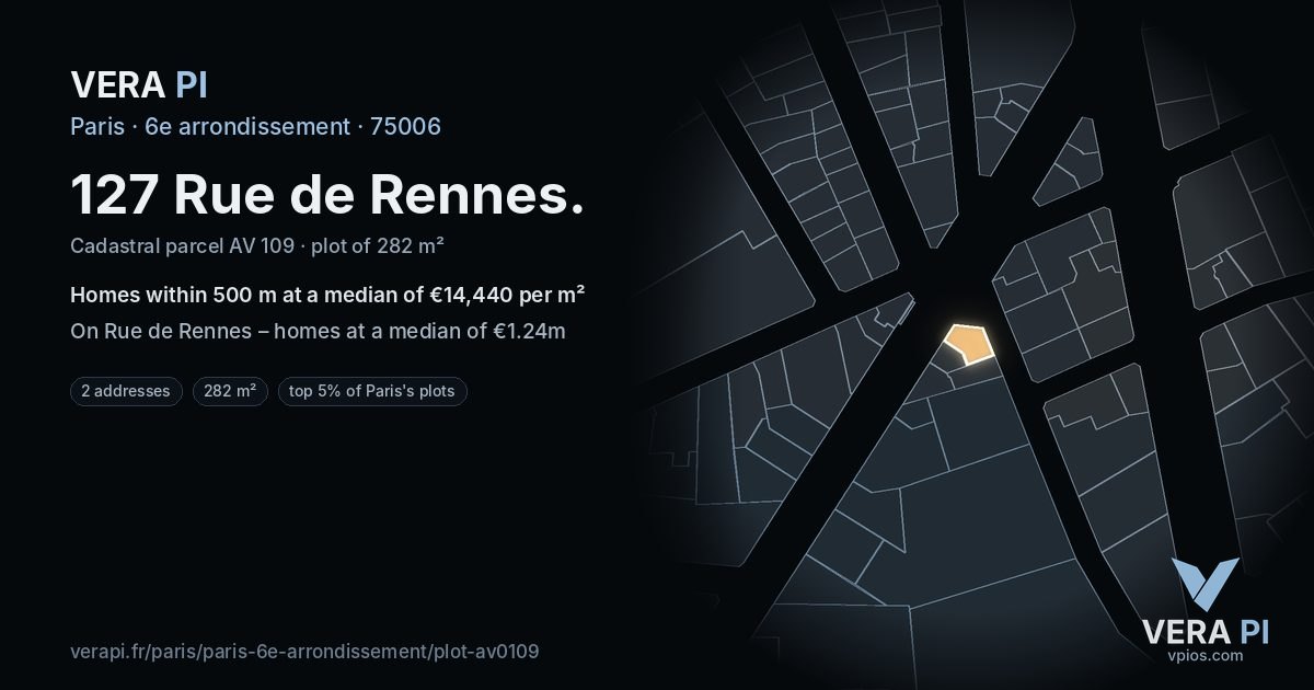 127 Rue de Rennes, 6e arrondissement at night – the plot lit, the parcels around coloured by the prices near them
