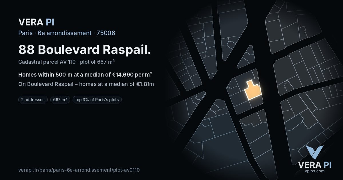 88 Boulevard Raspail, 6e arrondissement at night – the plot lit, the parcels around coloured by the prices near them