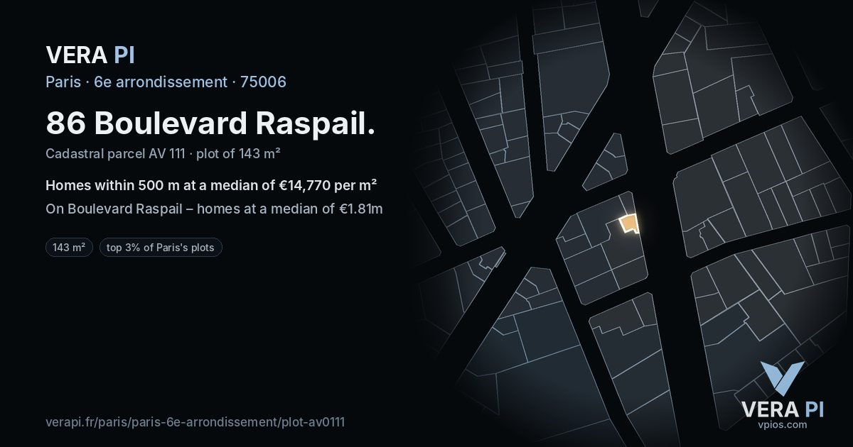 86 Boulevard Raspail, 6e arrondissement at night – the plot lit, the parcels around coloured by the prices near them