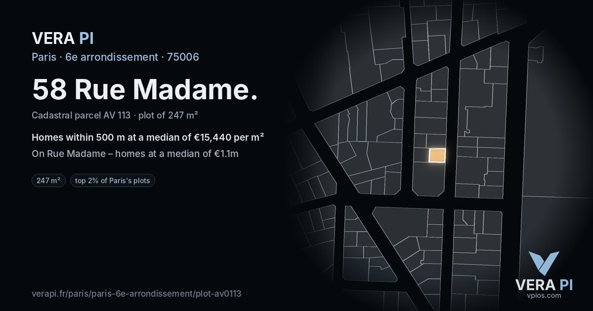 58 Rue Madame, 6e arrondissement at night – the plot lit, the parcels around coloured by the prices near them