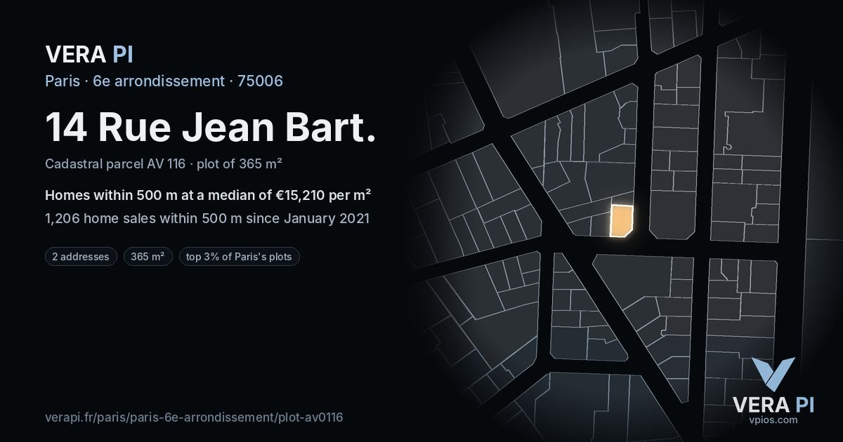 14 Rue Jean Bart, 6e arrondissement at night – the plot lit, the parcels around coloured by the prices near them