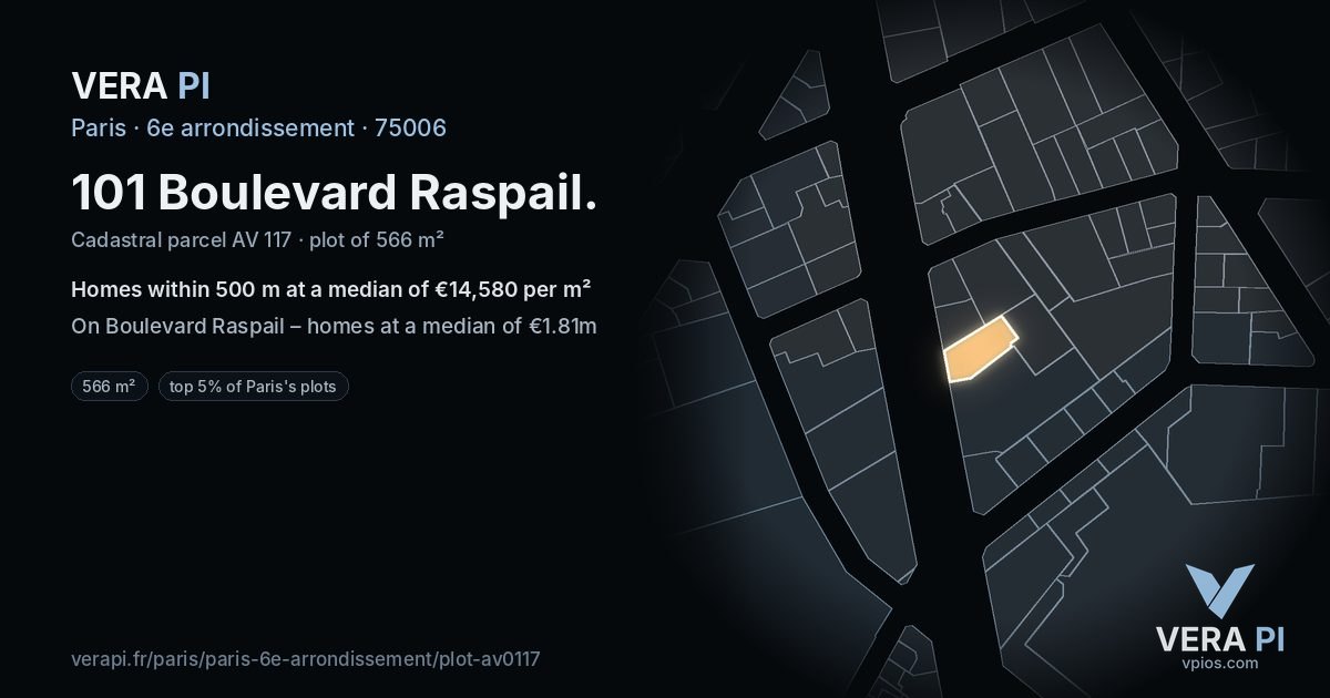 101 Boulevard Raspail, 6e arrondissement at night – the plot lit, the parcels around coloured by the prices near them