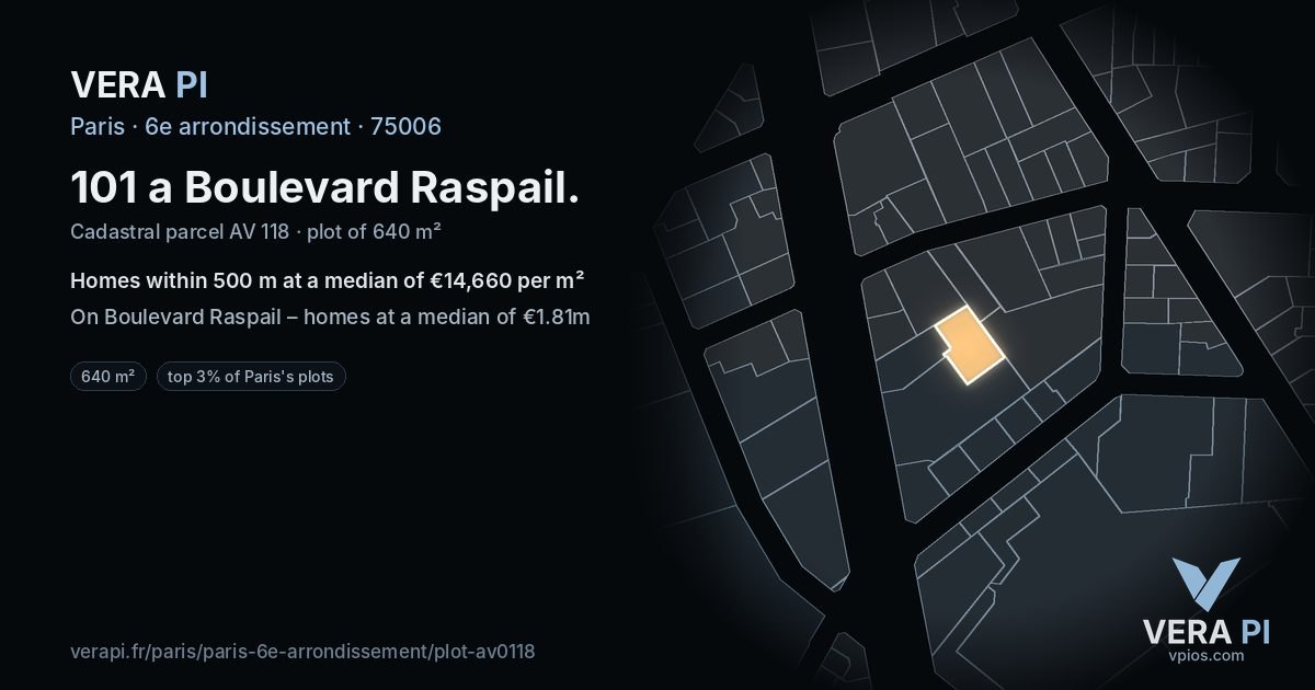 101 a Boulevard Raspail, 6e arrondissement at night – the plot lit, the parcels around coloured by the prices near them