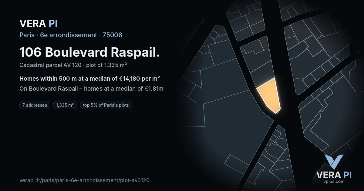 106 Boulevard Raspail, 6e arrondissement at night – the plot lit, the parcels around coloured by the prices near them