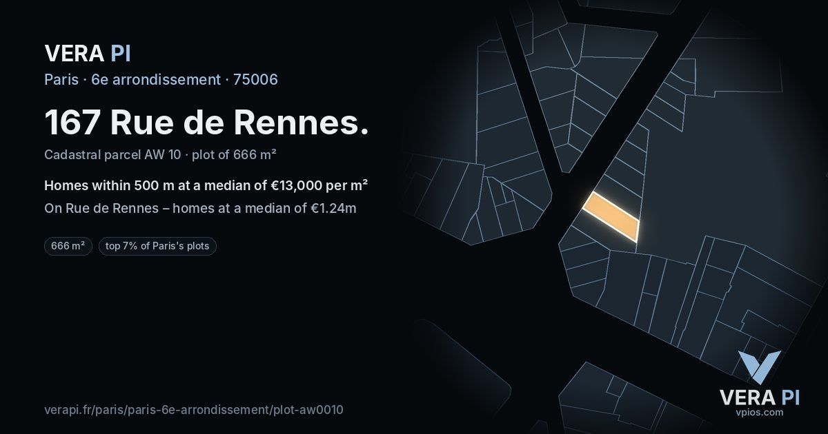 167 Rue de Rennes, 6e arrondissement at night – the plot lit, the parcels around coloured by the prices near them