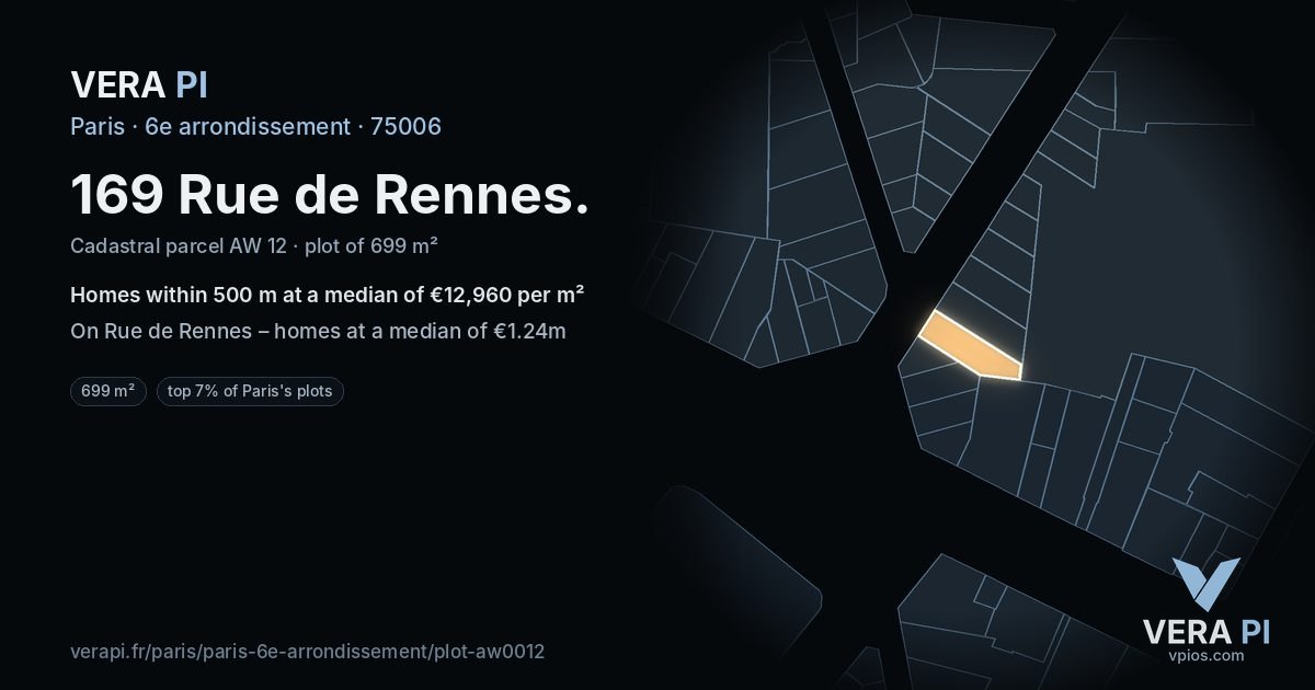 169 Rue de Rennes, 6e arrondissement at night – the plot lit, the parcels around coloured by the prices near them