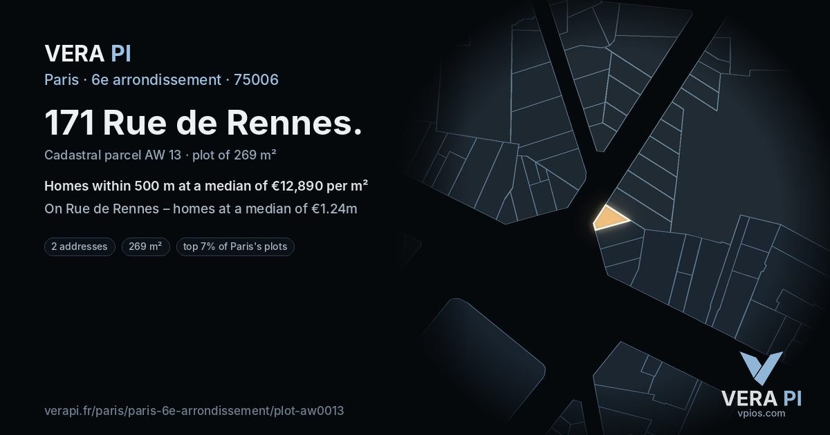 171 Rue de Rennes, 6e arrondissement at night – the plot lit, the parcels around coloured by the prices near them