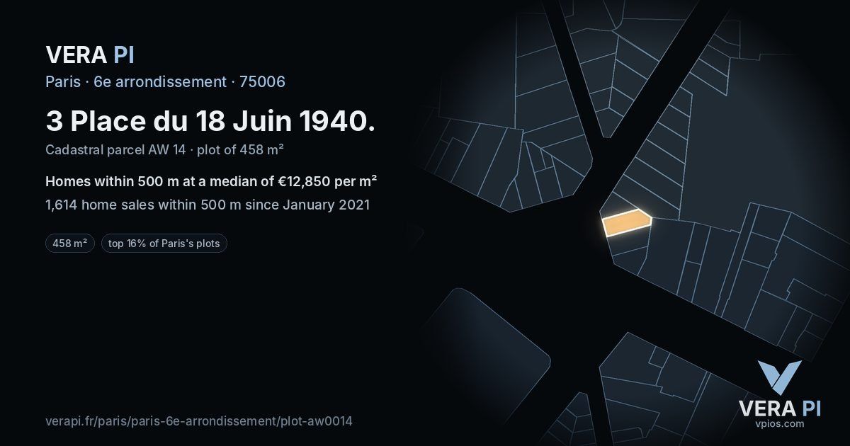 3 Place du 18 Juin 1940, 6e arrondissement at night – the plot lit, the parcels around coloured by the prices near them