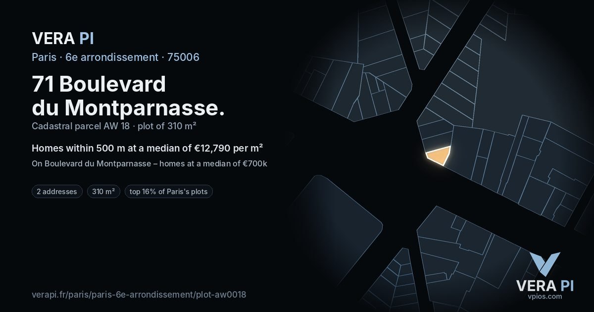 71 Boulevard du Montparnasse, 6e arrondissement at night – the plot lit, the parcels around coloured by the prices near them