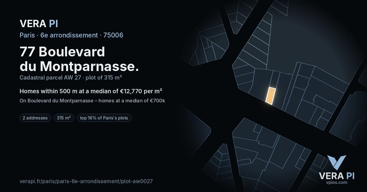 77 Boulevard du Montparnasse, 6e arrondissement at night – the plot lit, the parcels around coloured by the prices near them