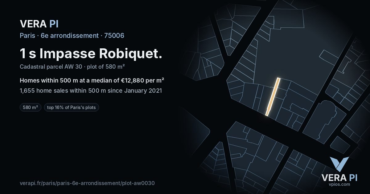 1 s Impasse Robiquet, 6e arrondissement at night – the plot lit, the parcels around coloured by the prices near them