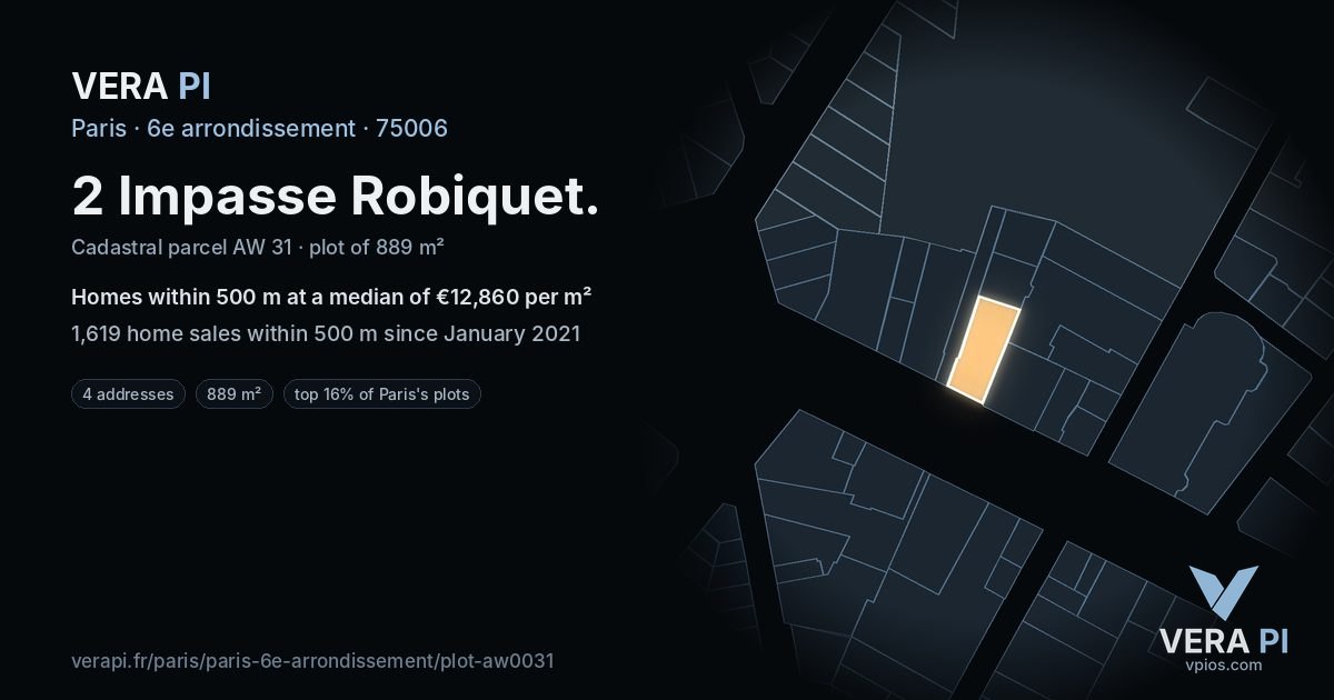2 Impasse Robiquet, 6e arrondissement at night – the plot lit, the parcels around coloured by the prices near them