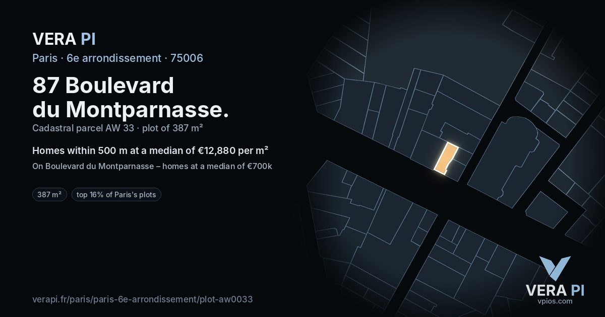 87 Boulevard du Montparnasse, 6e arrondissement at night – the plot lit, the parcels around coloured by the prices near them