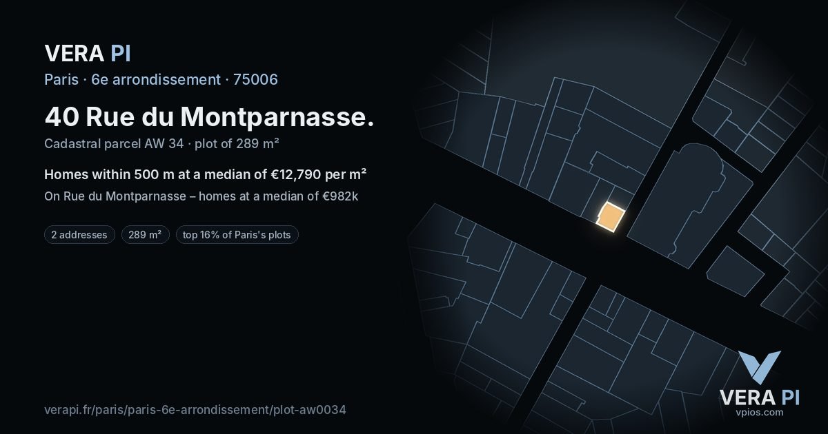 40 Rue du Montparnasse, 6e arrondissement at night – the plot lit, the parcels around coloured by the prices near them
