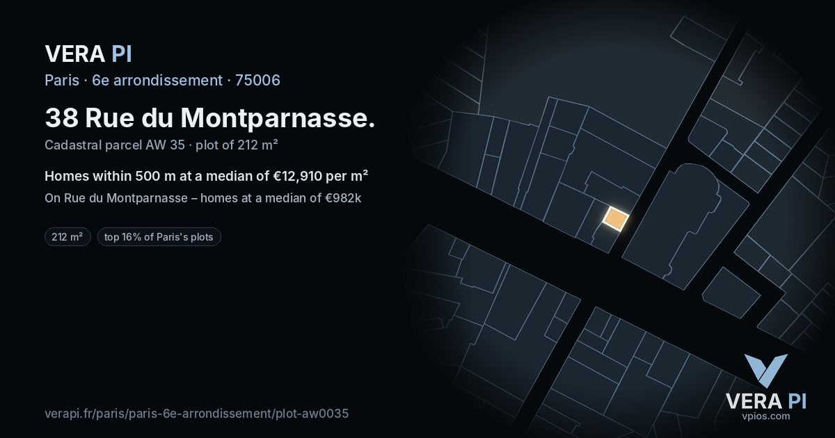 38 Rue du Montparnasse, 6e arrondissement at night – the plot lit, the parcels around coloured by the prices near them