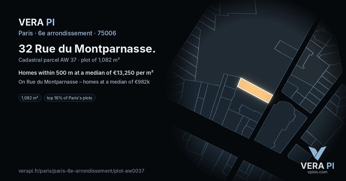 32 Rue du Montparnasse, 6e arrondissement at night – the plot lit, the parcels around coloured by the prices near them