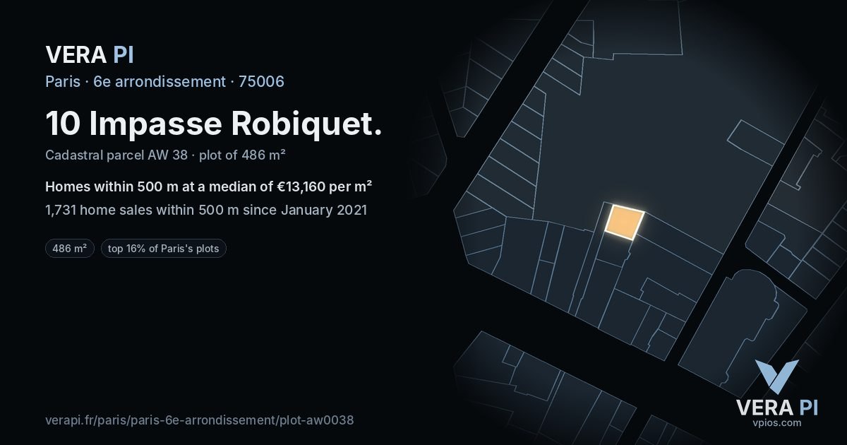 10 Impasse Robiquet, 6e arrondissement at night – the plot lit, the parcels around coloured by the prices near them
