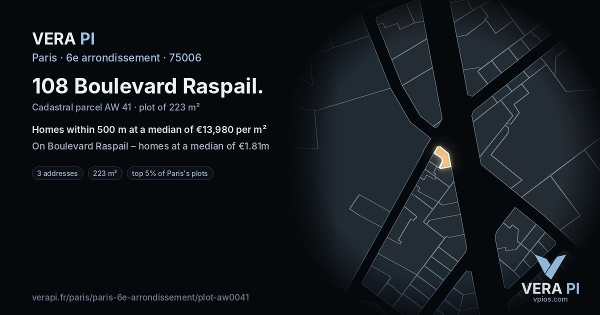 108 Boulevard Raspail, 6e arrondissement at night – the plot lit, the parcels around coloured by the prices near them