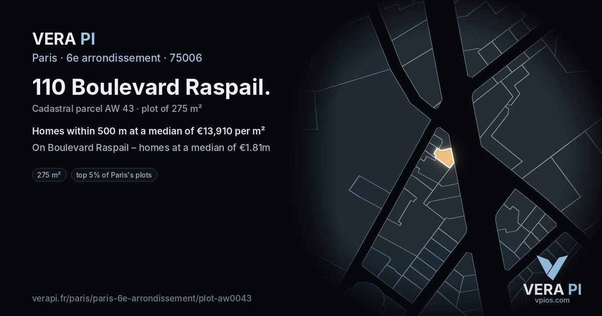 110 Boulevard Raspail, 6e arrondissement at night – the plot lit, the parcels around coloured by the prices near them