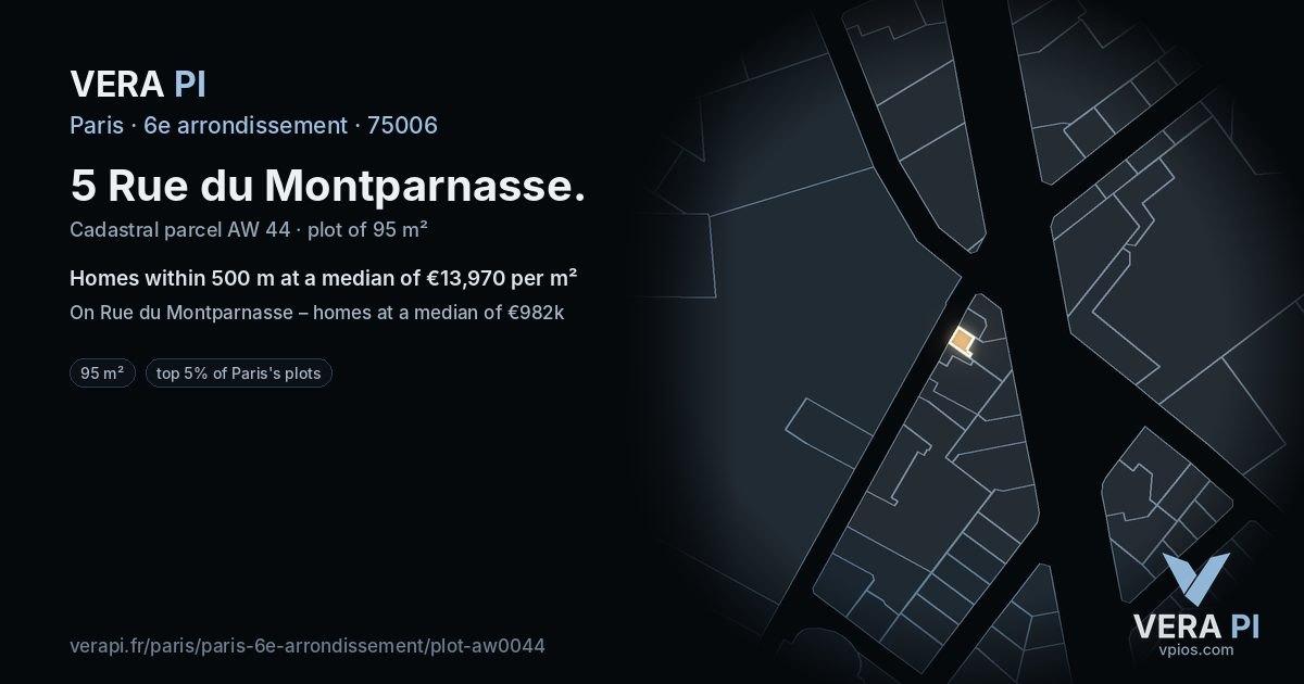 5 Rue du Montparnasse, 6e arrondissement at night – the plot lit, the parcels around coloured by the prices near them
