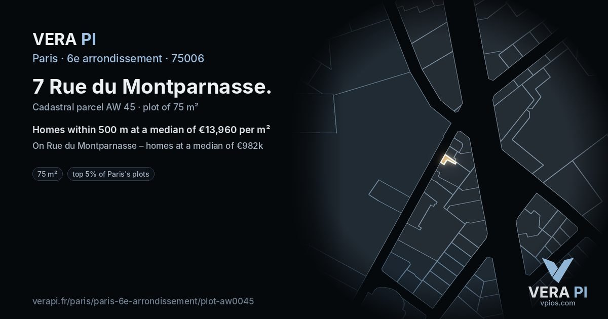7 Rue du Montparnasse, 6e arrondissement at night – the plot lit, the parcels around coloured by the prices near them