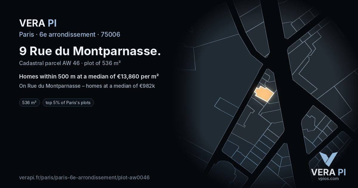 9 Rue du Montparnasse, 6e arrondissement at night – the plot lit, the parcels around coloured by the prices near them