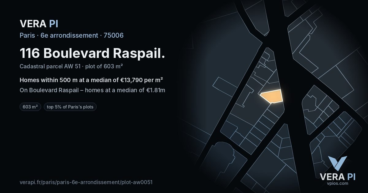116 Boulevard Raspail, 6e arrondissement at night – the plot lit, the parcels around coloured by the prices near them
