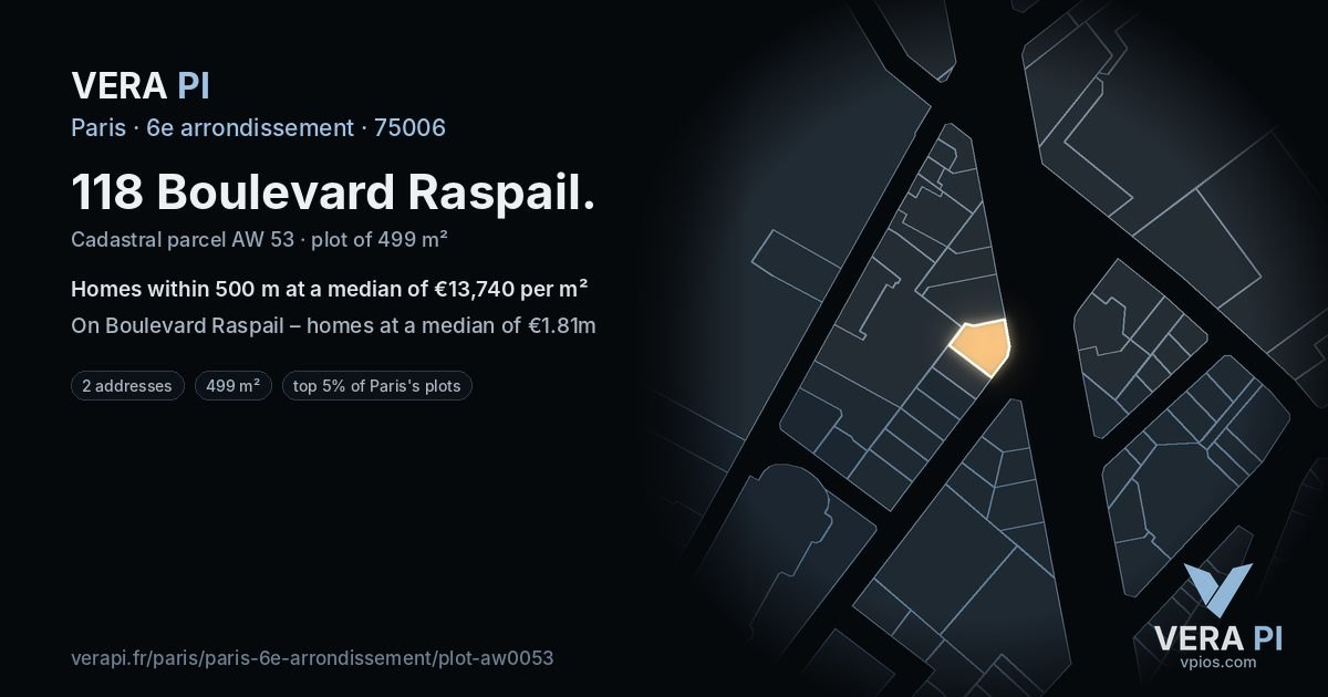 118 Boulevard Raspail, 6e arrondissement at night – the plot lit, the parcels around coloured by the prices near them