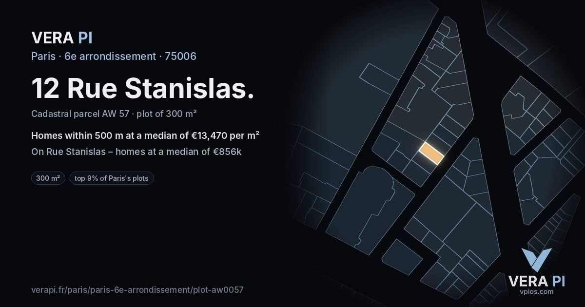 12 Rue Stanislas, 6e arrondissement at night – the plot lit, the parcels around coloured by the prices near them