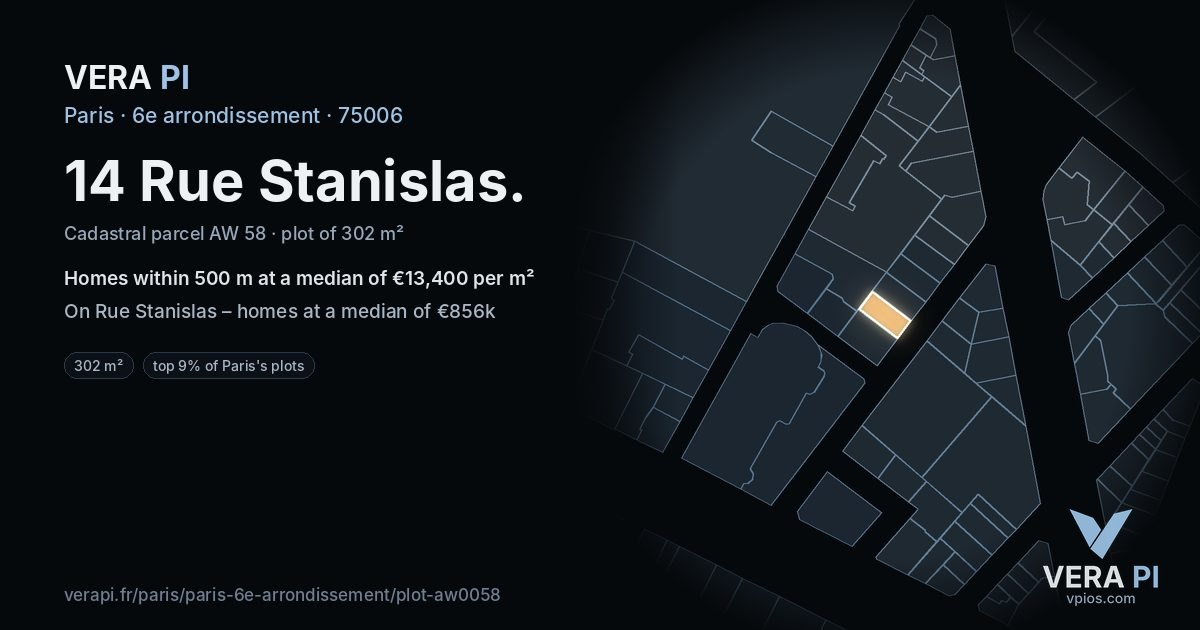 14 Rue Stanislas, 6e arrondissement at night – the plot lit, the parcels around coloured by the prices near them