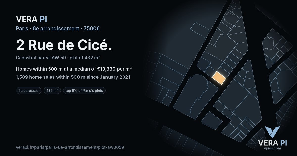 2 Rue de Cicé, 6e arrondissement at night – the plot lit, the parcels around coloured by the prices near them