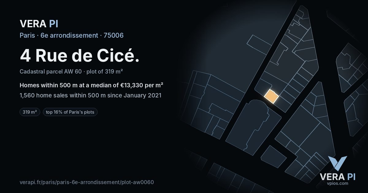 4 Rue de Cicé, 6e arrondissement at night – the plot lit, the parcels around coloured by the prices near them