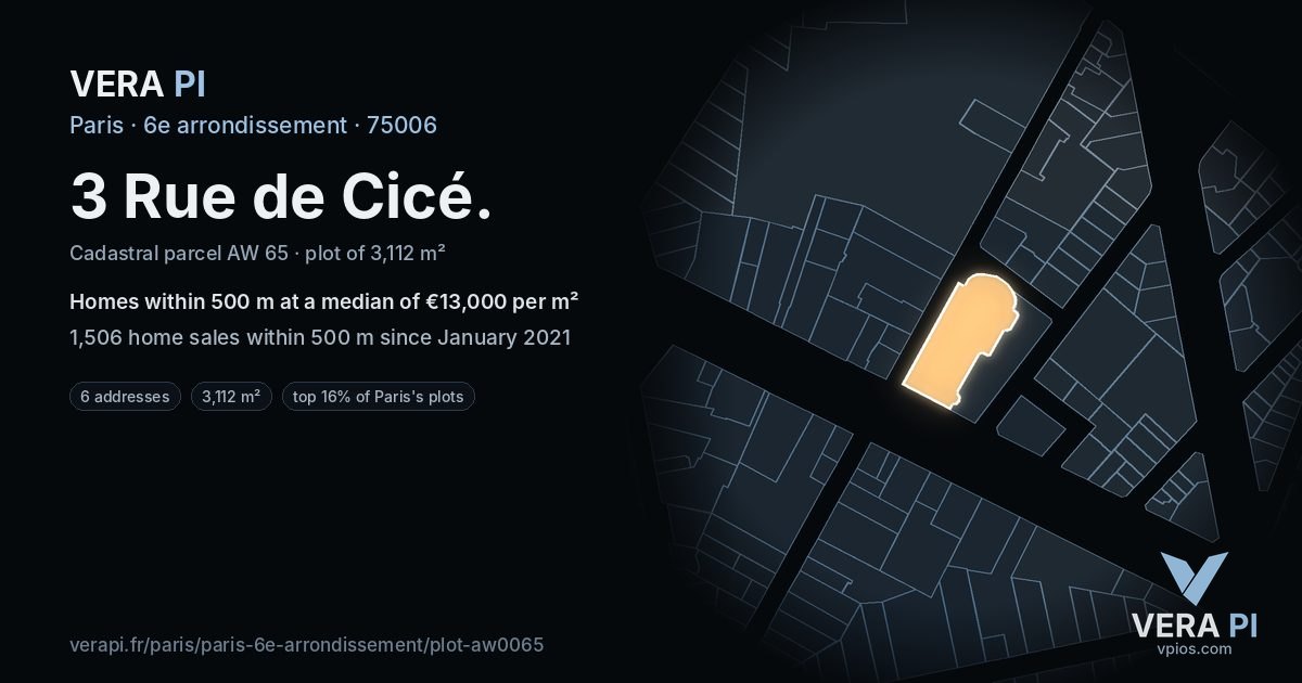 3 Rue de Cicé, 6e arrondissement at night – the plot lit, the parcels around coloured by the prices near them
