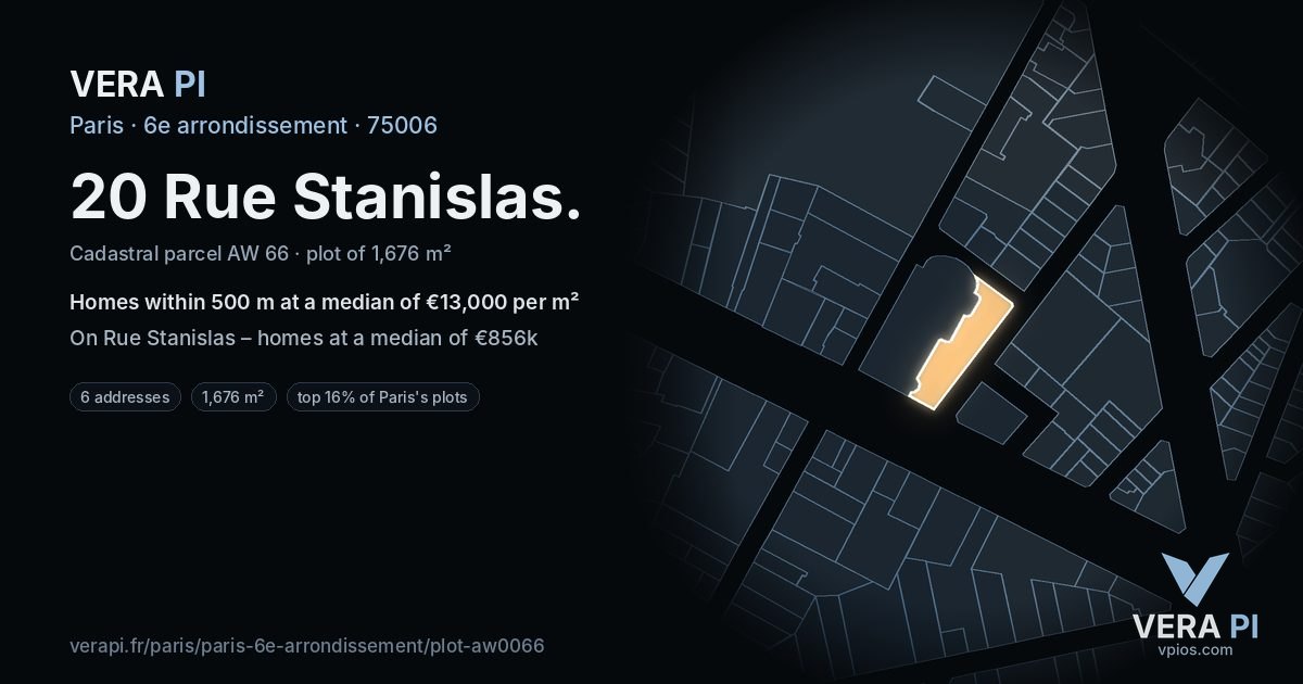 20 Rue Stanislas, 6e arrondissement at night – the plot lit, the parcels around coloured by the prices near them