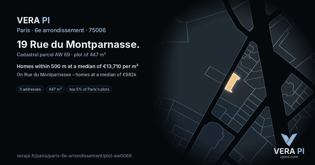 19 Rue du Montparnasse, 6e arrondissement at night – the plot lit, the parcels around coloured by the prices near them