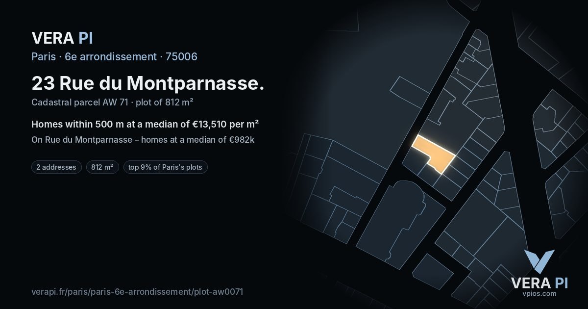 23 Rue du Montparnasse, 6e arrondissement at night – the plot lit, the parcels around coloured by the prices near them
