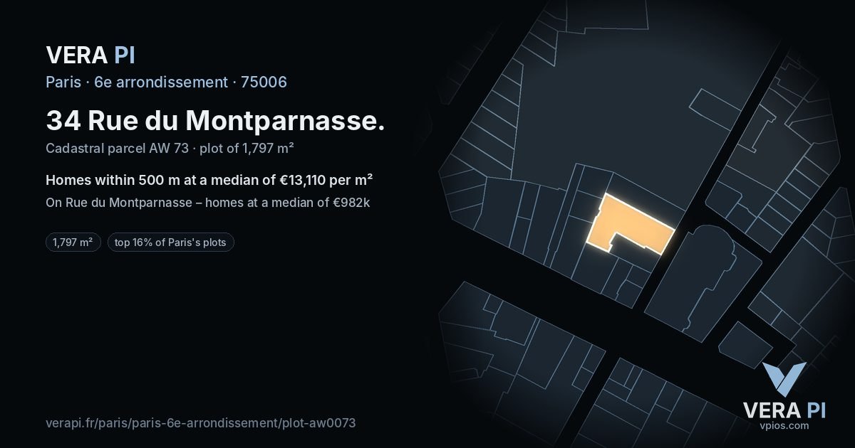 34 Rue du Montparnasse, 6e arrondissement at night – the plot lit, the parcels around coloured by the prices near them