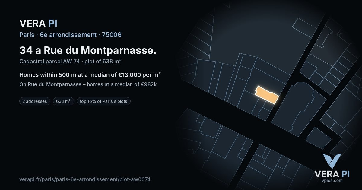 34 a Rue du Montparnasse, 6e arrondissement at night – the plot lit, the parcels around coloured by the prices near them