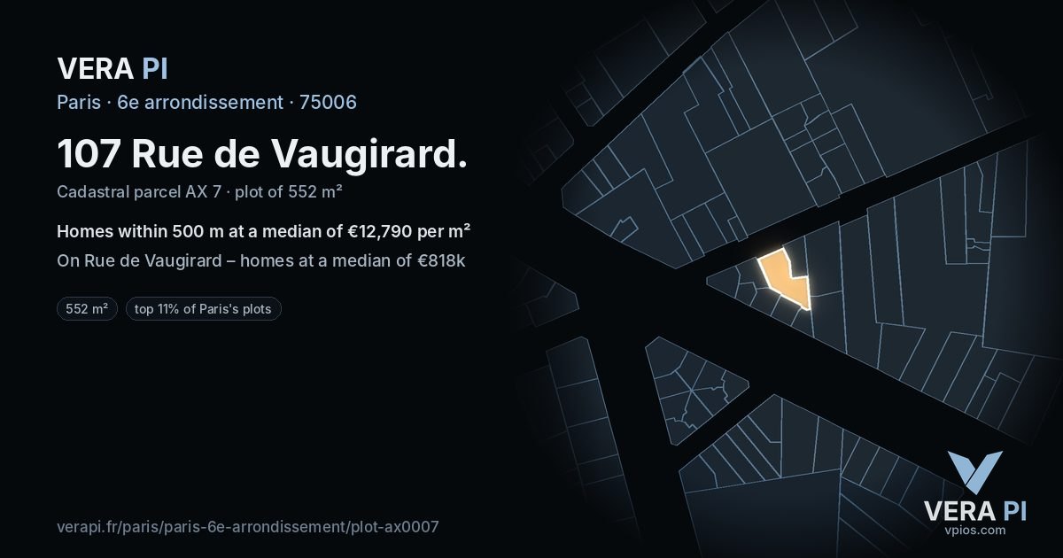 107 Rue de Vaugirard, 6e arrondissement at night – the plot lit, the parcels around coloured by the prices near them