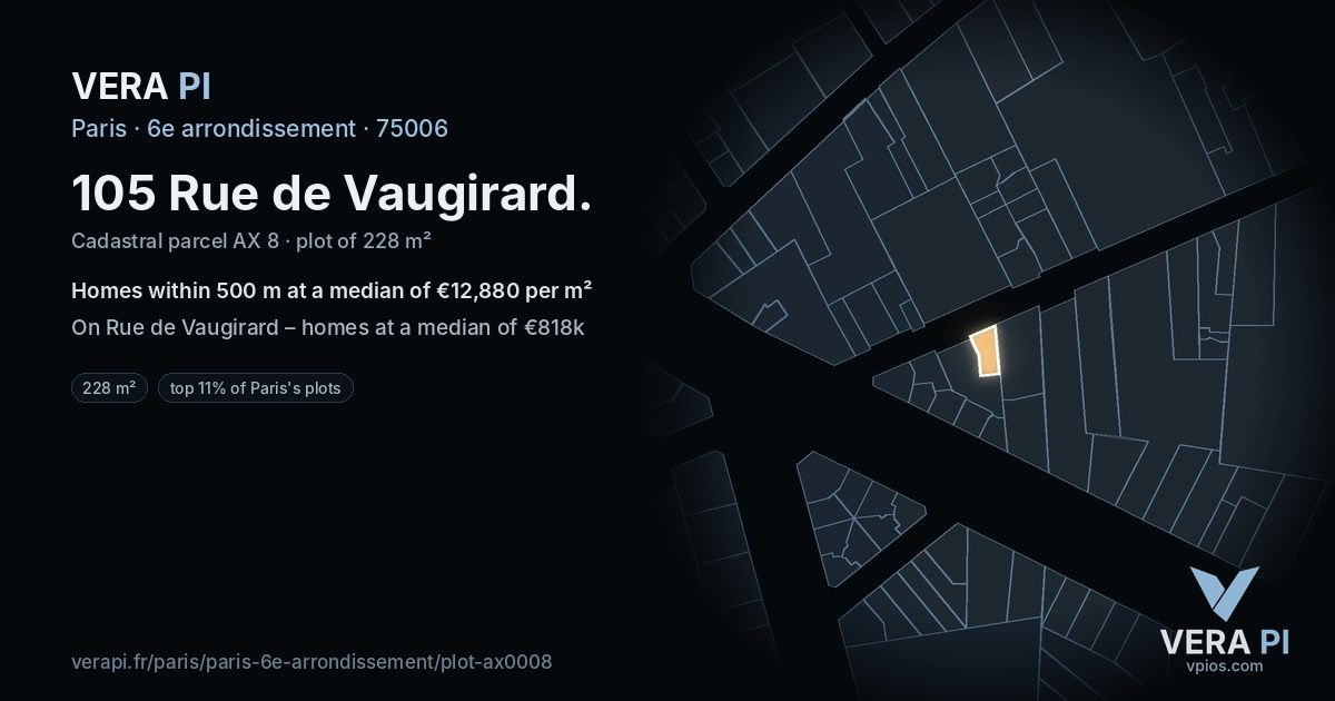 105 Rue de Vaugirard, 6e arrondissement at night – the plot lit, the parcels around coloured by the prices near them