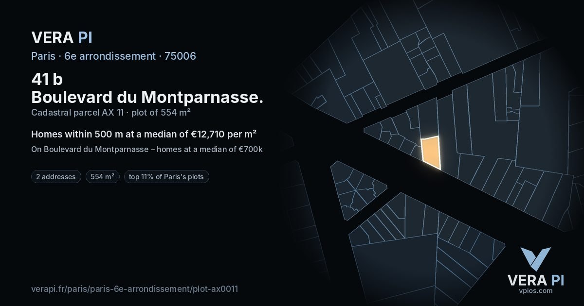 41 b Boulevard du Montparnasse, 6e arrondissement at night – the plot lit, the parcels around coloured by the prices near them