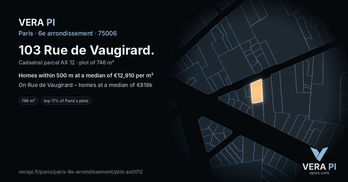 103 Rue de Vaugirard, 6e arrondissement at night – the plot lit, the parcels around coloured by the prices near them